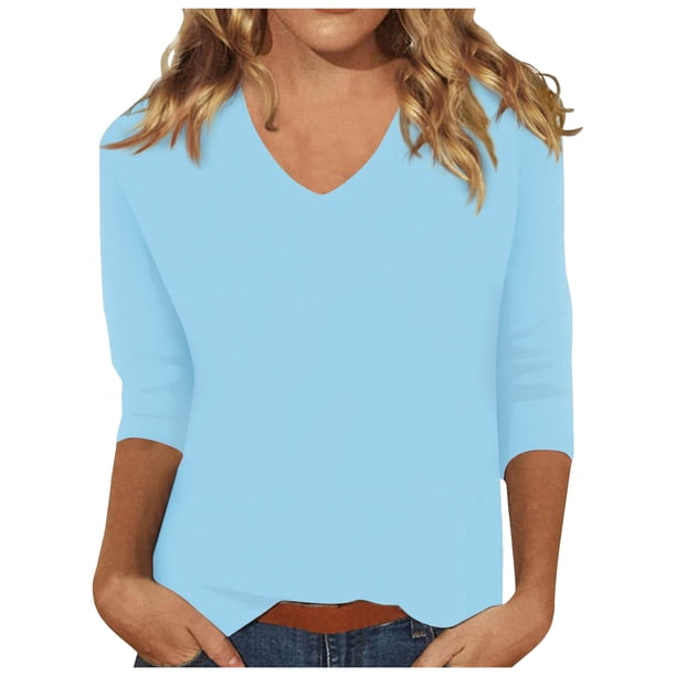 Camiseta básica de verano informal de color liso con cuello en V para mujer - Poliéster, manga 3/4, aberturas laterales - S-XXL