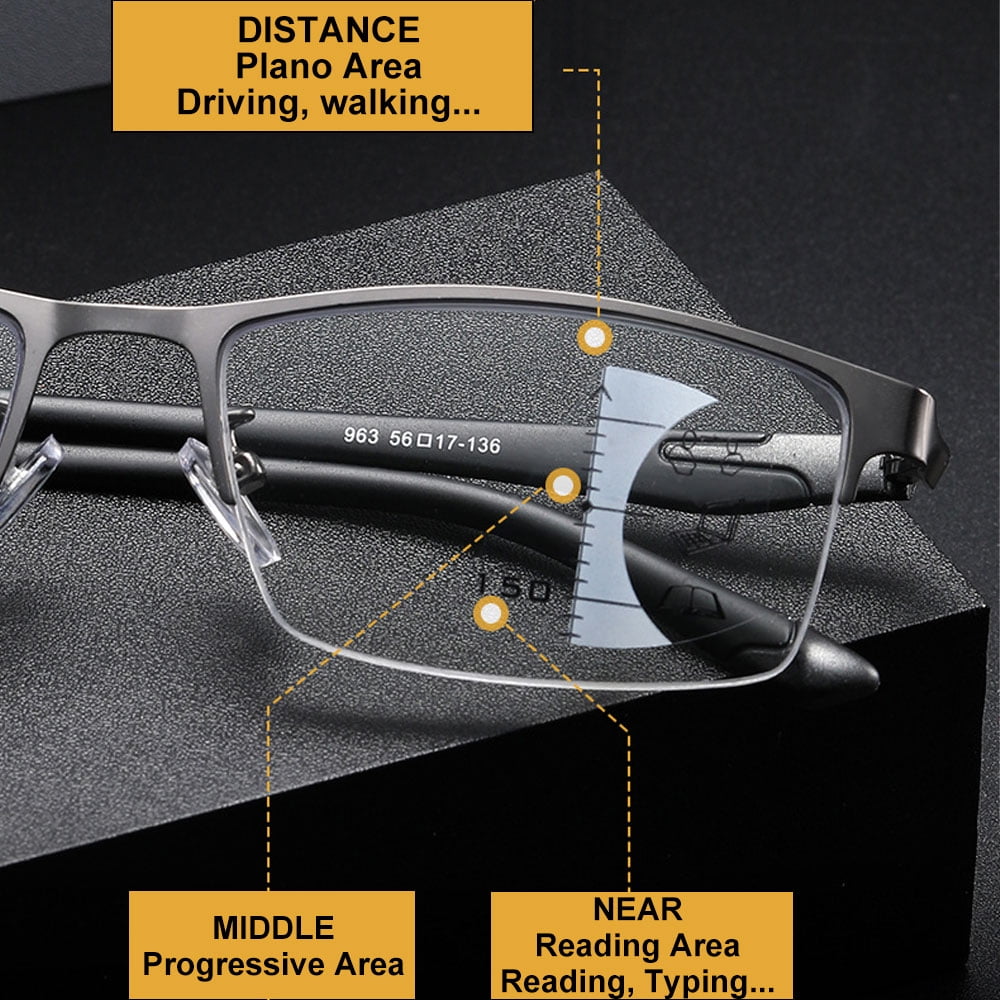 Men Blue Frame Progressive Reading Glasses 4.00, Metal Rectangle Half Rimless Business Multifocus Readers +4.00 Strength (Not Photochromic)