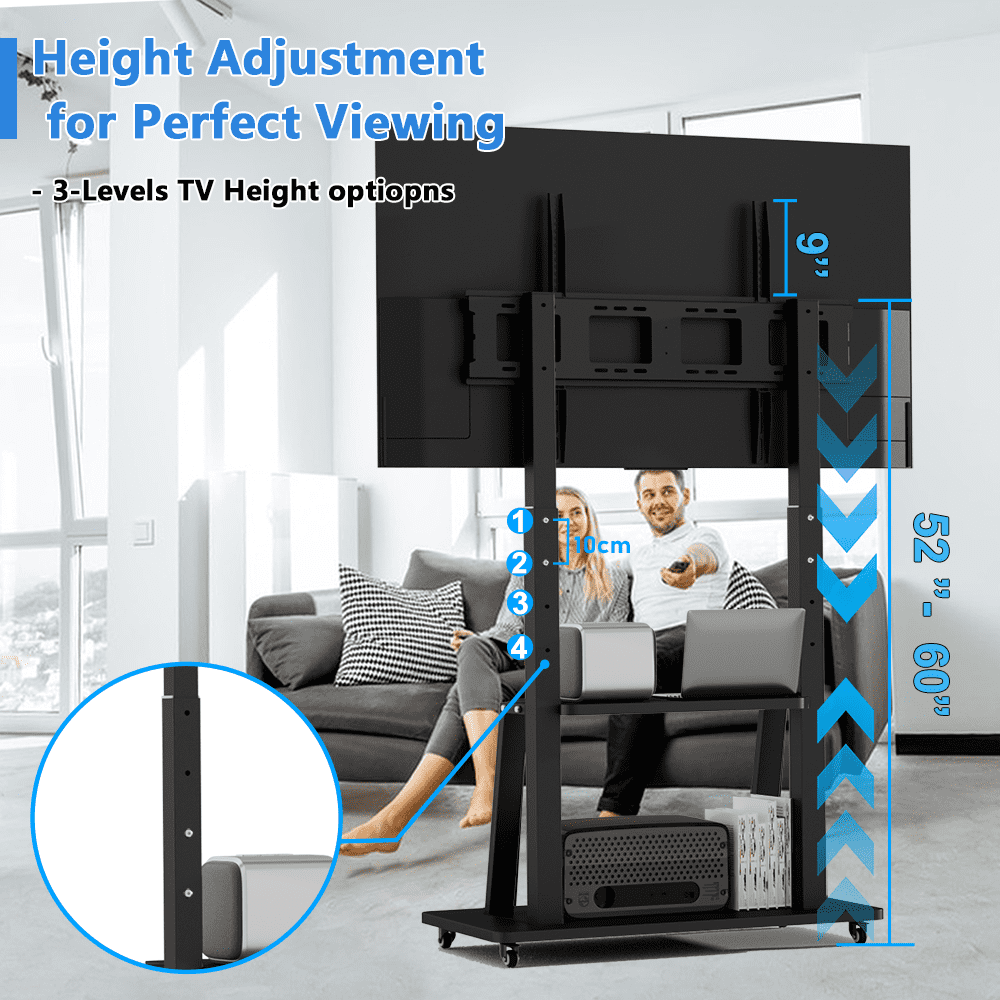 Mobile TV Cart Rolling TV Stand for 42- 100 inch Television Heavy Duty Portable TV Stand on Wheels, Height Adjustment, Holds Up to 180 LBS, Vesa 200×200-900×600mm