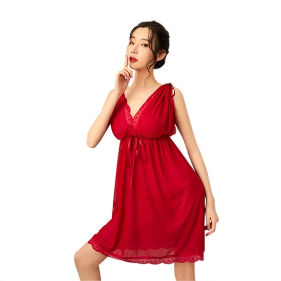 Levmjia Women Lace Nightgown Sheer V Neck Mini Sleep Dress Soft Loose Plus Size Indoor Sleeping Wear Solid Color Elegant Home Nightwear Relaxing Bedroom Daily Rest