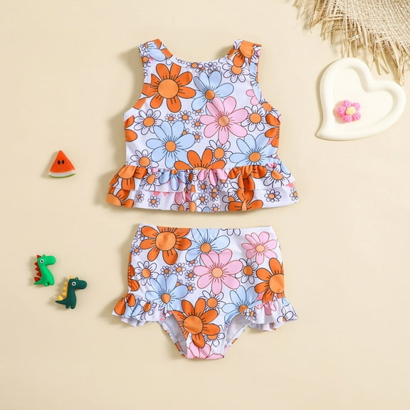 ASFGIMUJ Swimsuits For Girls Teens Summer Cartoon Flower Printed Ruffles Swimwear Bikini Girls Bathing Suit,2 Piece,Size 4-5Y