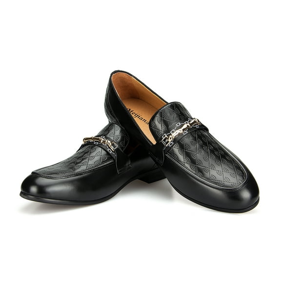 Men’s Faux Leather Black Loafers and Wedding Dress Shoes with Metal Embellishments, Black-07, 10 US
