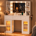 thumbnail image 3 of Zimtown Makeup Vanity with 3 Colors Light Mirror, Glass Top Vanity Desk with Two Glass-Door Storage Cabinets & Charging Station, White, 3 of 9