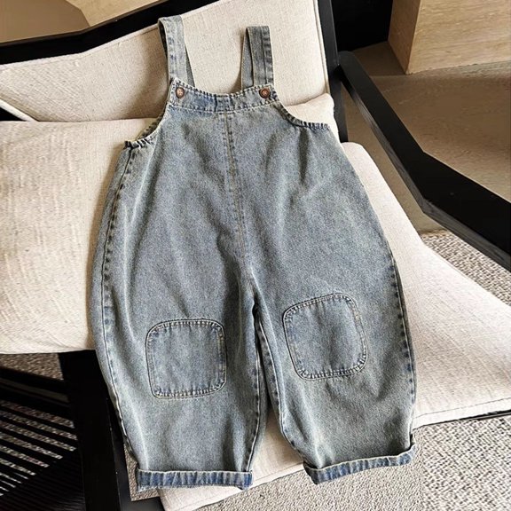 Kids Denim Overalls Adjustable Strap Stretchy Jean Dungarees Pants Kids 6-7 Years Girl Clothes