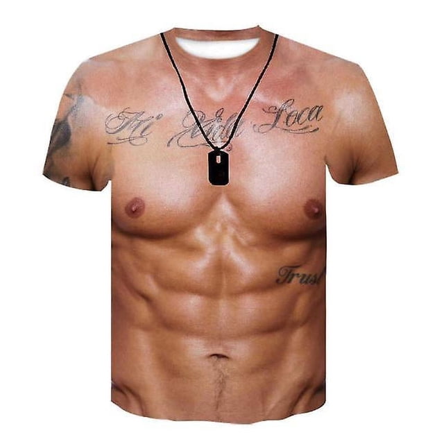 Men's 3d Bodybuilding Simulated Muscle Shirt Nude Skin Chest Muscle Tee Shirt Short-sleeve