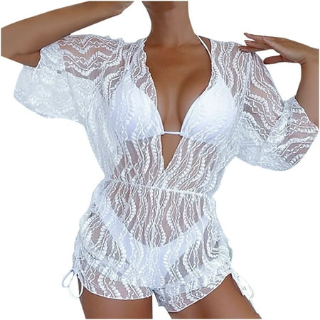 Summer Savings 2024! TMOYZQ Women s 3 Piece Swimsuit Sets Triangle Halter String Sexy Thong Bikini Sets Bathing Suits with Drawstring Side Sheer Mesh Beach Cover Ups Swimwear