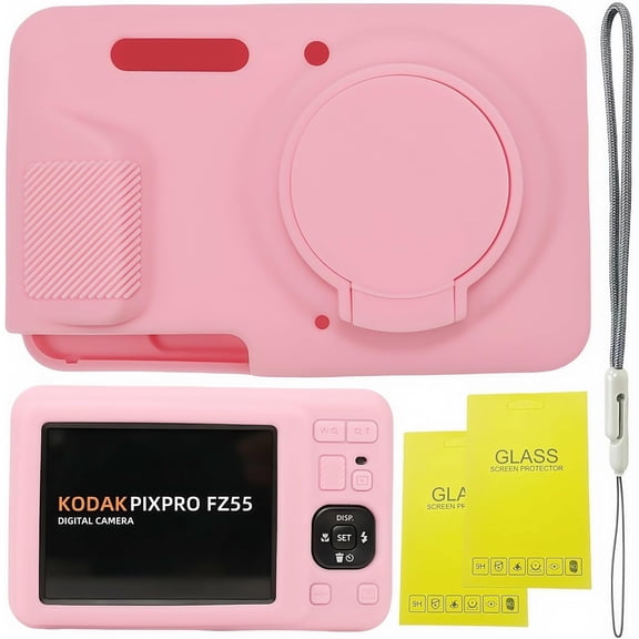 Case for Kodak PIXPRO FZ55,FZ55 accessories,Soft Silicone Protective Case Removable Lens Cover,Comes with 2 Screen Protectors and 1 Wrist Strap. (Pink)