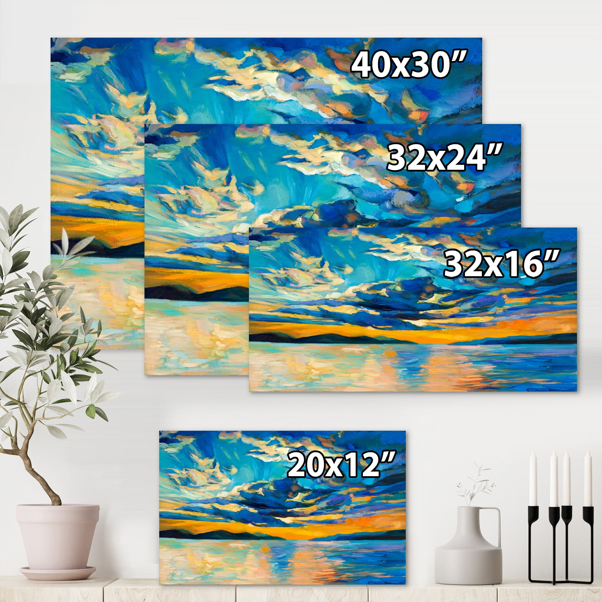 Designart ' Cloudy Sunset Over Wide Open Ocean Horizon ' Nautical & Coastal Canvas Wall Art Print
