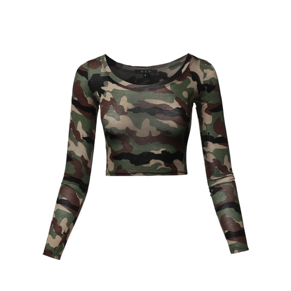 A2Y Women's Basic Solid Stretchable Scoop Neck Long Sleeve Crop Top Camo Green XL