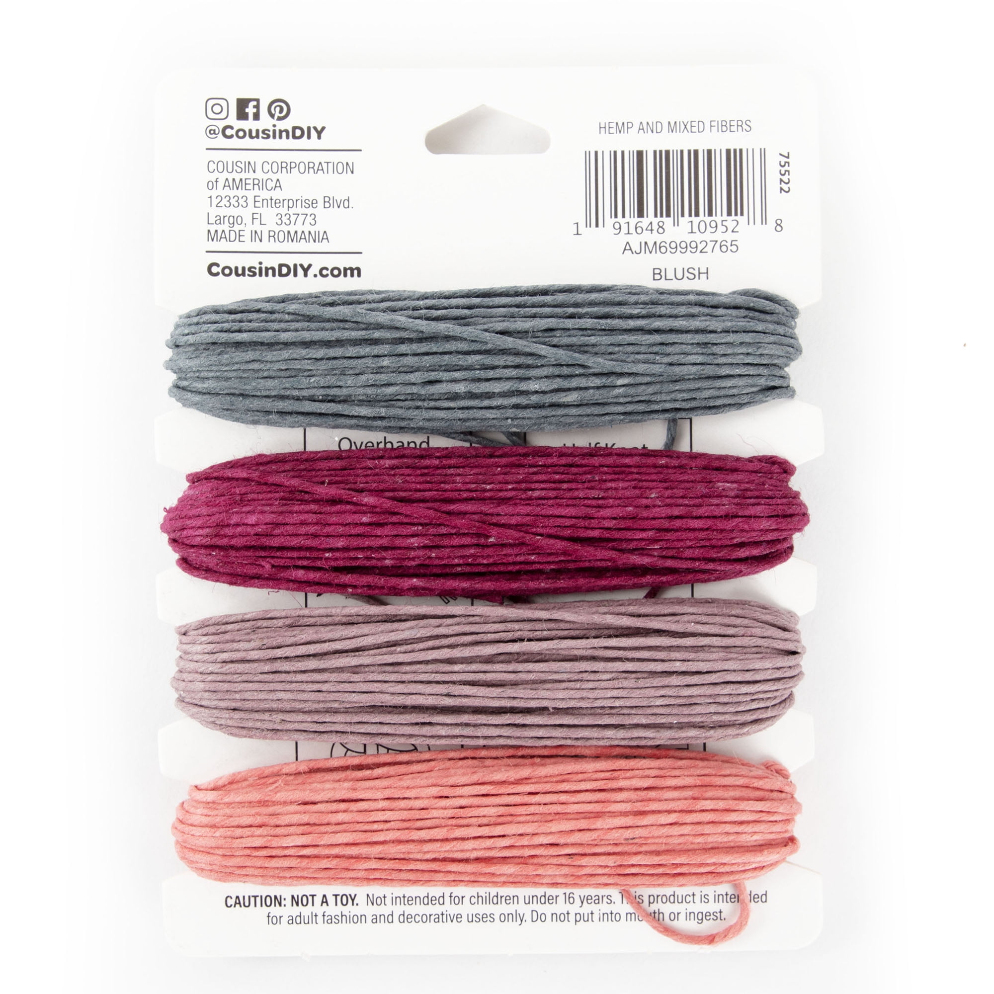 Cousin DIY 20lb Natural Hemp Twine, Blush/Pink/Grey/Burgundy, 4 Piece Roll, 120ft