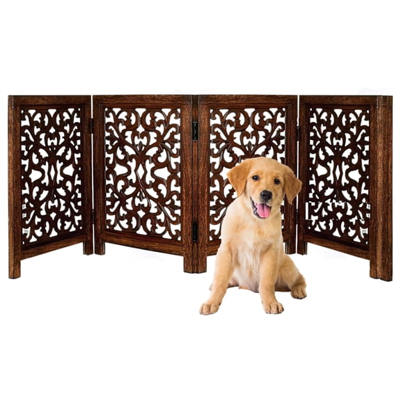 Free Standing Dog Gate – 4 Panel Foldable Wooden pet gate Indoor 72" W x 24" H, Hand-Carved Solid Wood & MDF, Portable Indoor Gate for Doorways, Halls, Stairs – Fully Assembled - Antique Brown