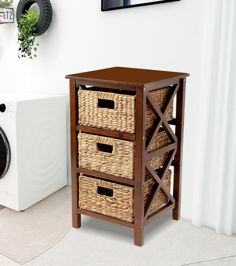 eHemco 3 Tier X-Side End Table Side Table Storage Cabinet with 3 Natural Water Hyacinth Wicker Baskets for Living Room, Walnut