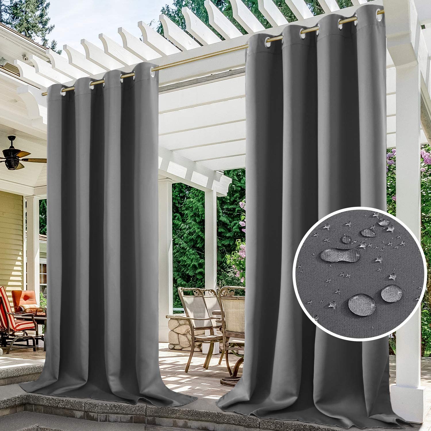 (2 Panel) Upgraded Outdoor Curtain Garden Patio Gazebo Sunscreen Blackout Curtains, Thermal Insulated White Curtains with Grommet | Waterproof& Windproof&UV-protection& Mildew Resistant,Grey 54*96in - image 1 of 7