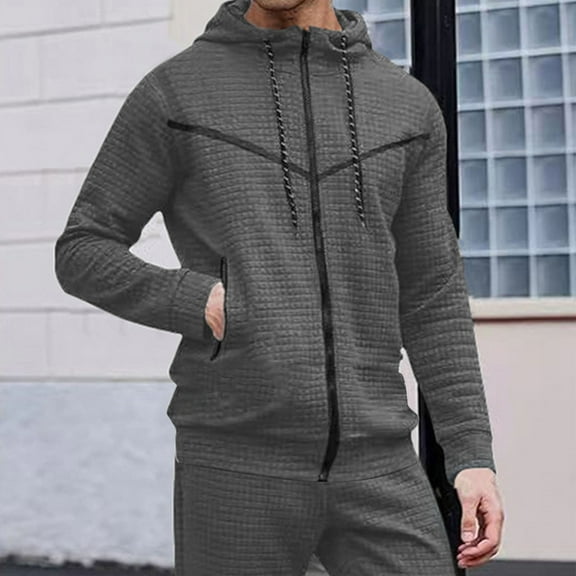 PNTUTB Men's Solid Color Waffle Weave Full Zip Hooded Drawstring Long Sleeve Warm Coat with Zipper Pocket