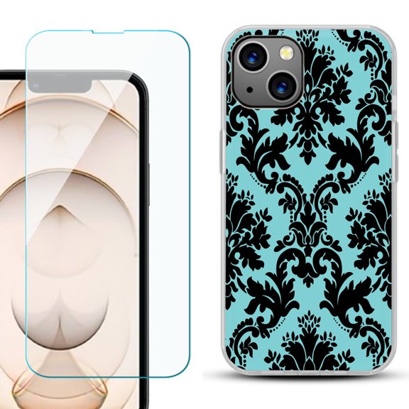 Slim-Fit Flexible TPU Gel Phone Case for iPhone 13, with Tempered Glass Screen Protector, by OneToughShield ® - Victorian Blue/Black