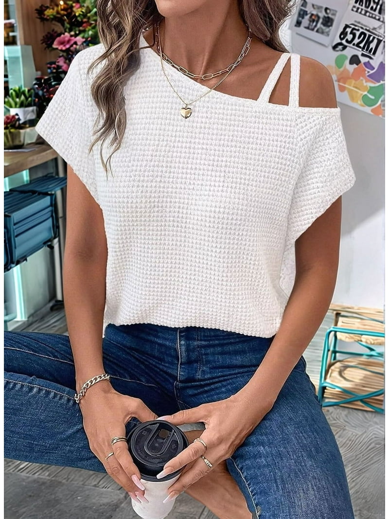 Womens Summer Casual Off One Shoulder Waffle Knit Short Sleeve T