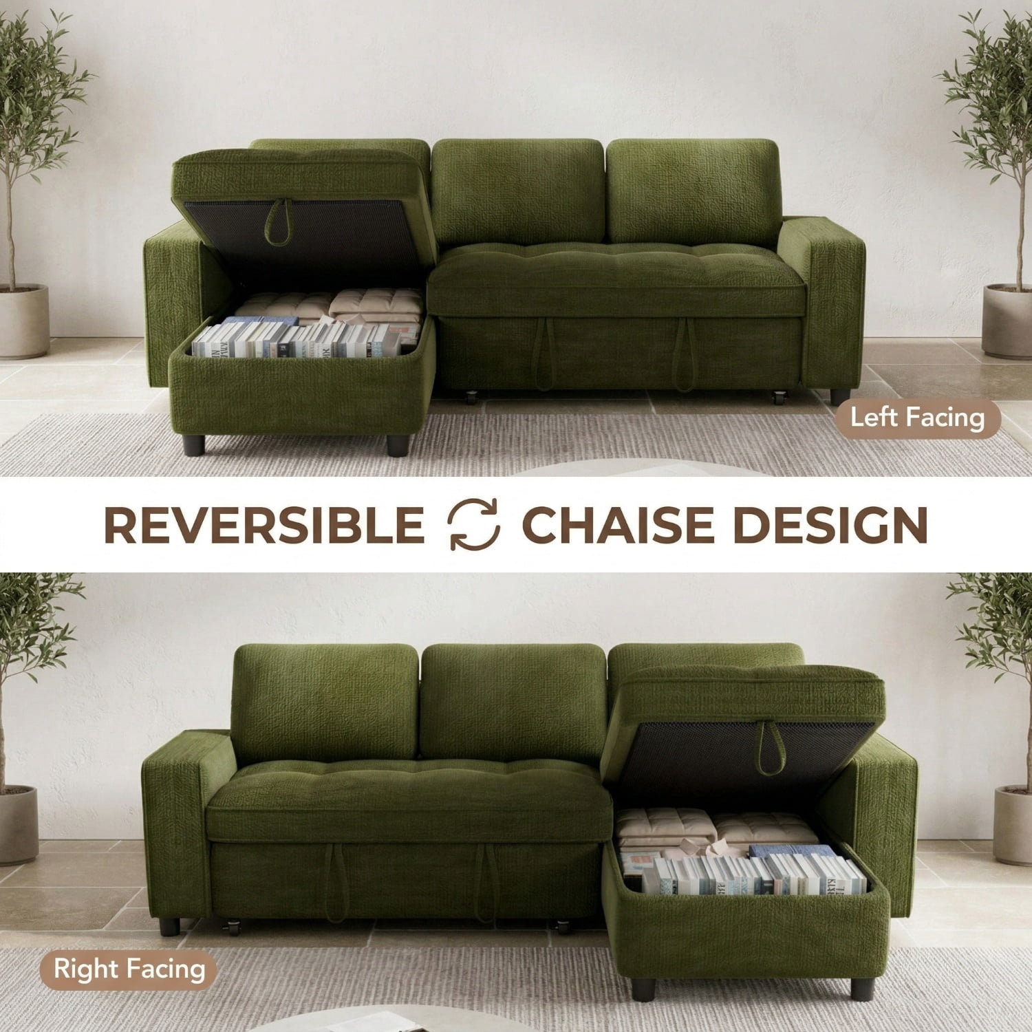 81" Sectional Sleeper Sofa Bed with Pull Out Couch, L-Shaped Chenille Fabric Sofa with USB Ports and Storage Chaise, Emerald Green