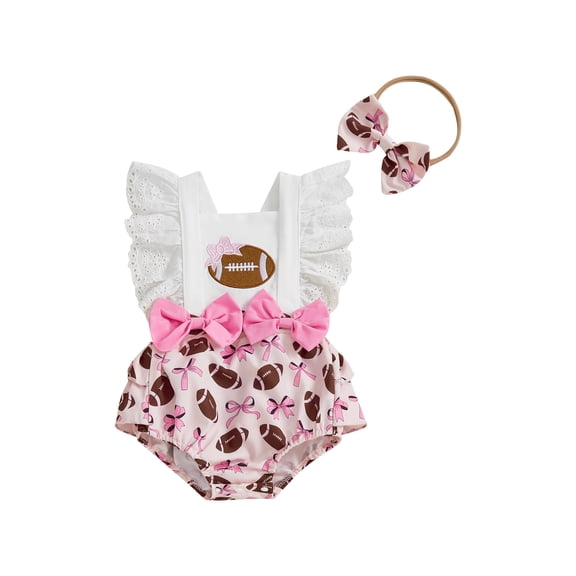 Rovasas Newborn Girl Outfit Embroidery Rugby Fly Sleeve Romper with Hairband