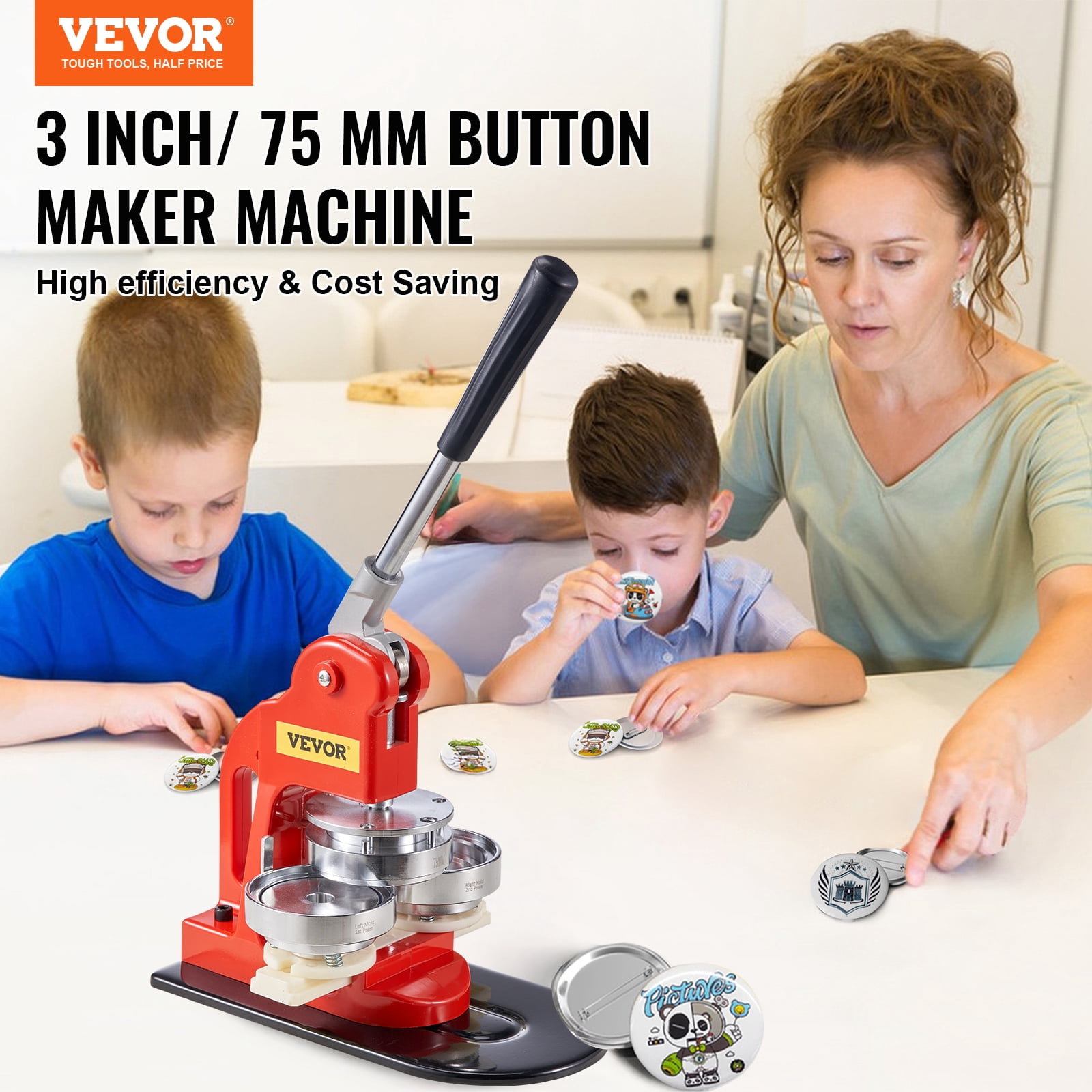 VEVOR Button Maker Machine, 75 mm (3 inch) Badge Punch Press Kit, Children DIY Gifts Pin Maker, Button Making Supplies with 500pcs Button Parts & Circle Cutter & Magic Book