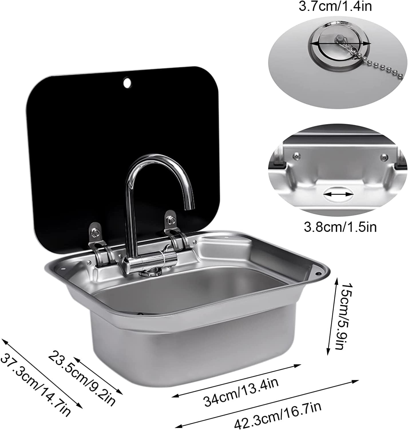 Miumaeov Single Bowl RV Caravan or Boat Stainless Steel Hand Wash Basin Sink with Folded Faucet Tempered Glass Lid van Camper Trailer Accessories