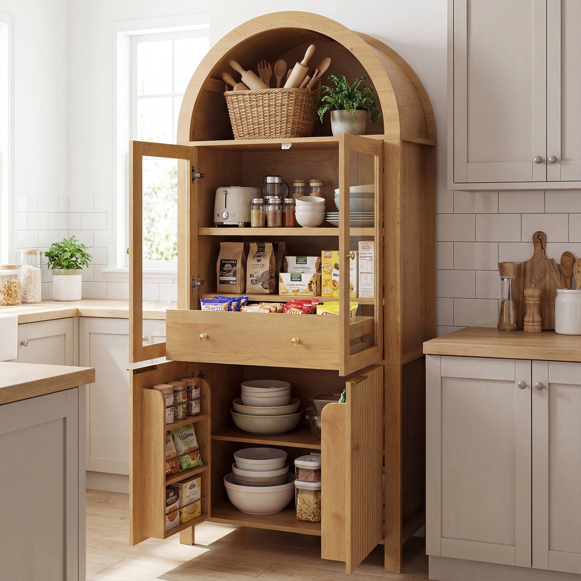 Noble House 71" Fluted Arched Pantry Cabinet with Adjustable Shelves, Hidden Drawer and Built-In Racks, Oak