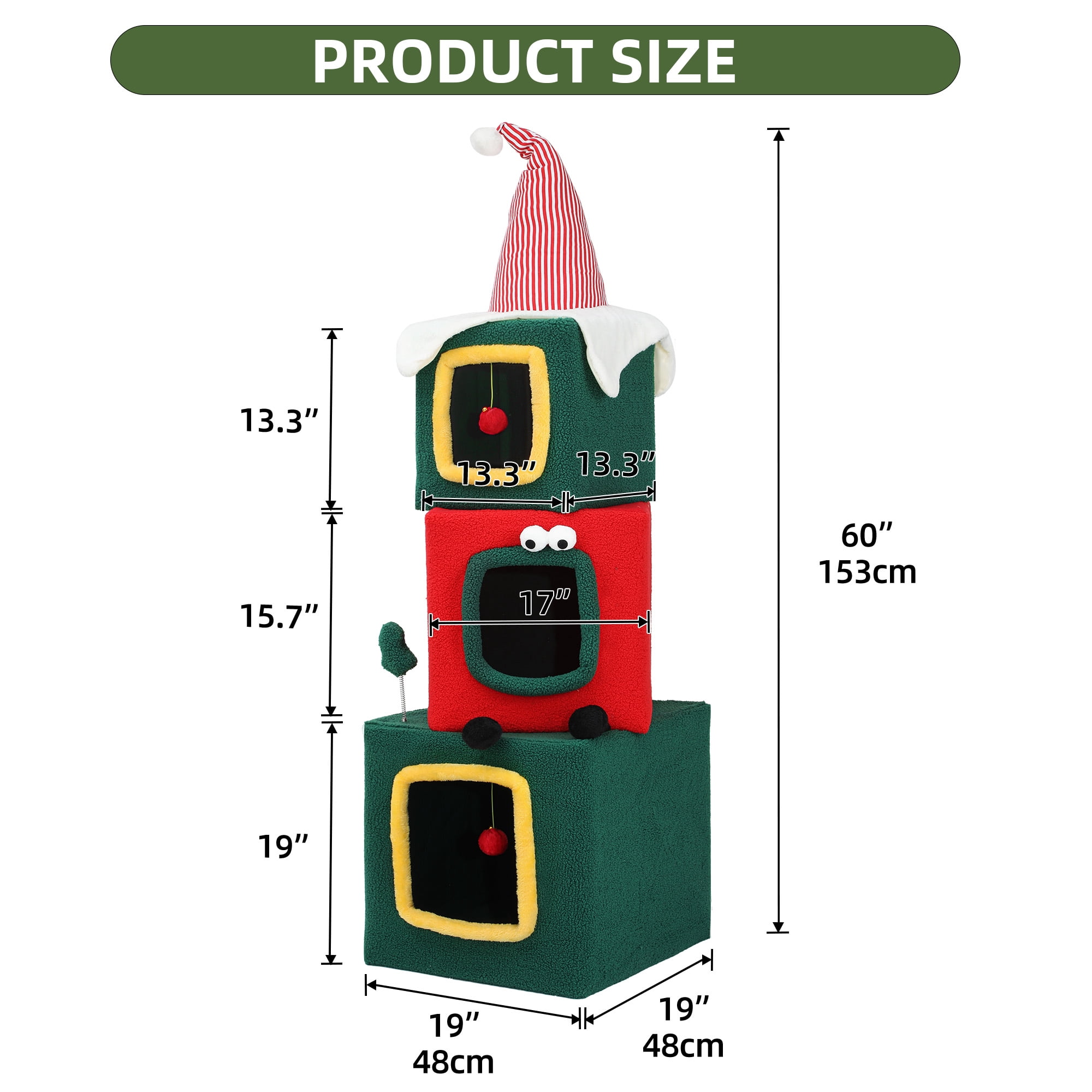 Uforic 60" H Large Christmas Cat Tree, Multi-Level Cat Tree,3 Story Playhouse with Hanging Ball,Green