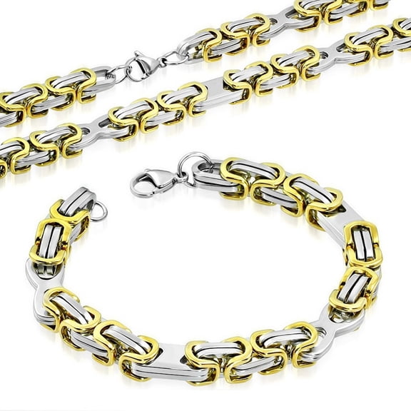 Stainless Steel Silver-Tone Yellow Gold-Tone Necklace Bracelet Mens Jewelry Set