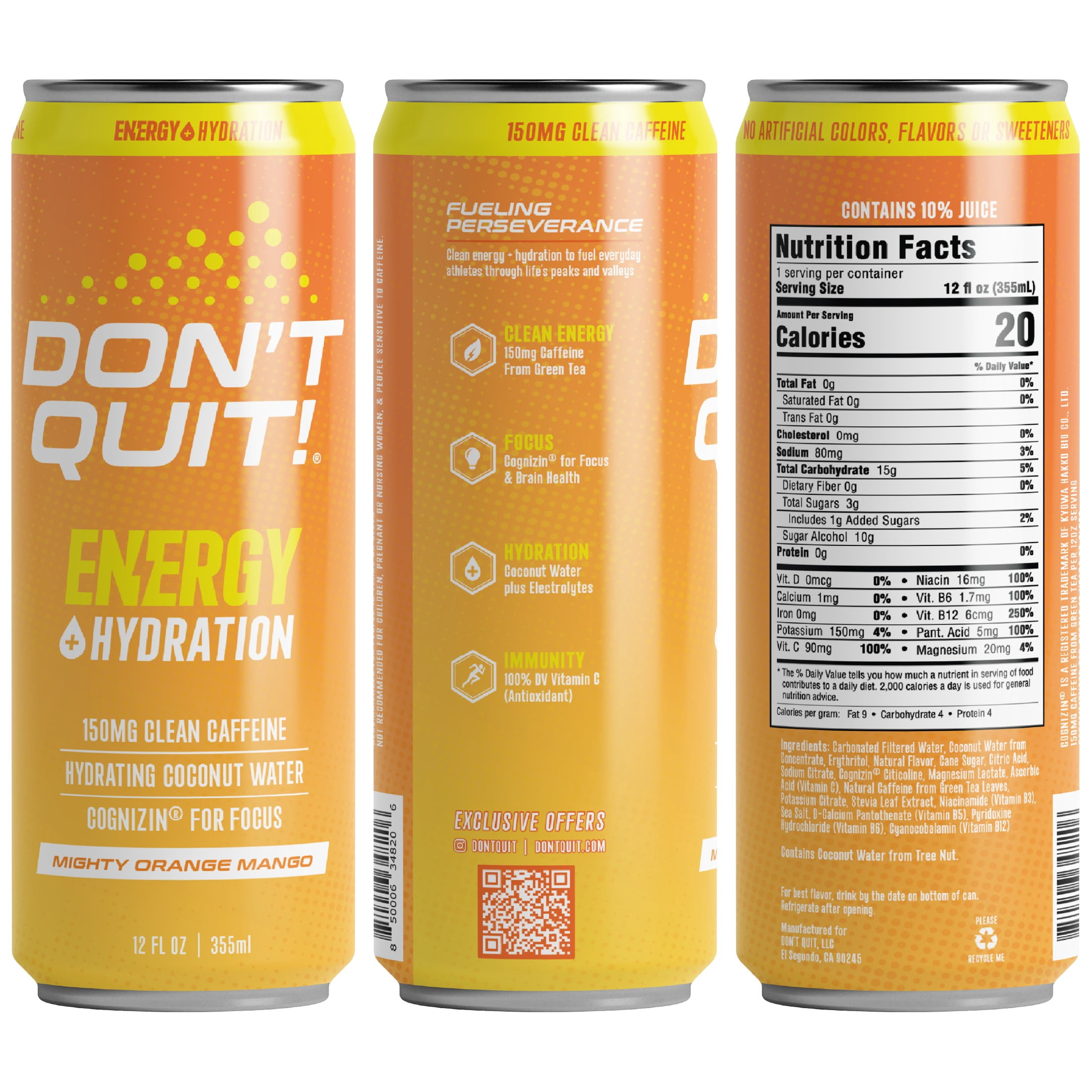 Don't Quit Clean Sports Energy, Mighty Orange Mango 12oz 12pk