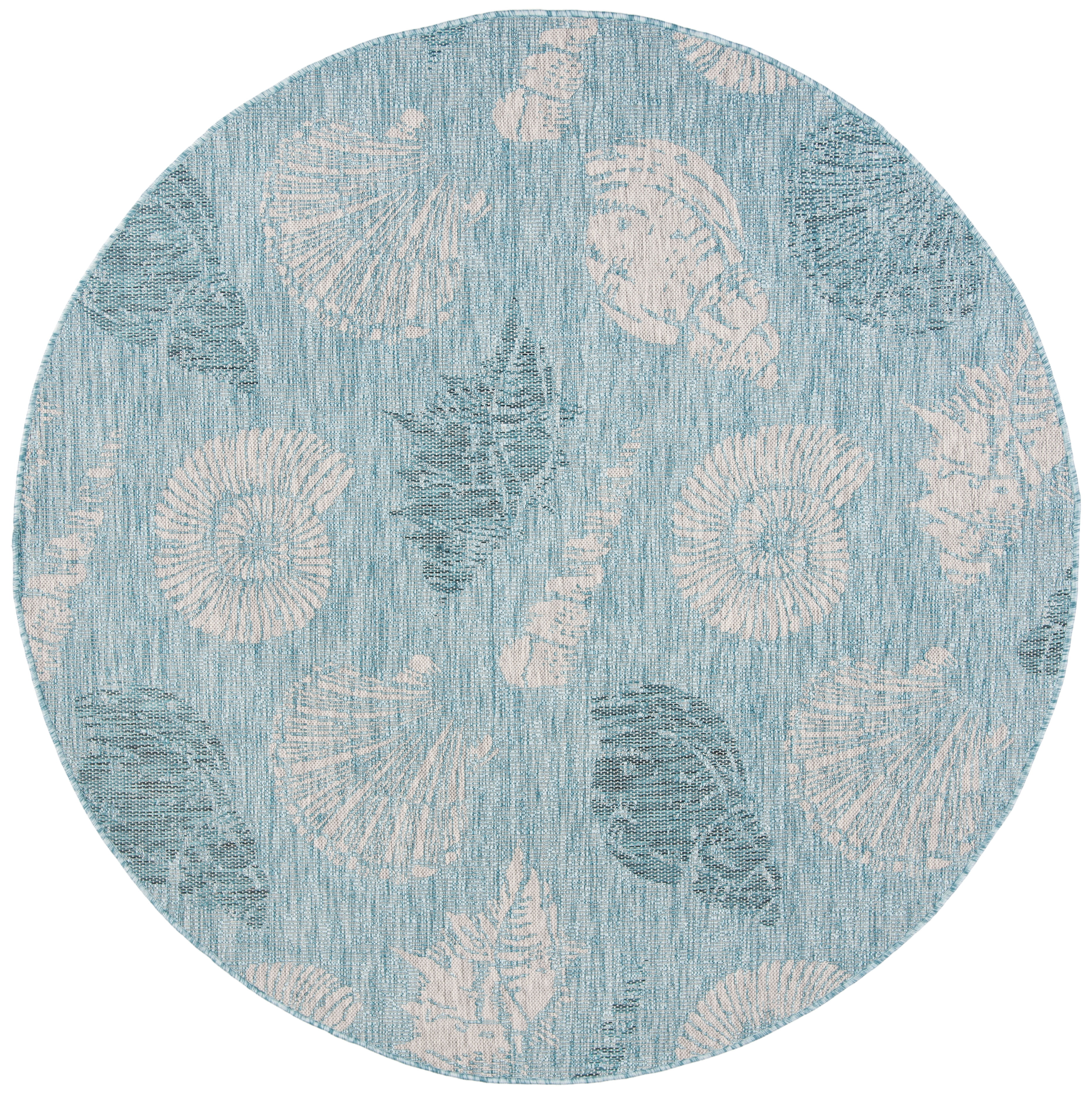 SAFAVIEH Courtyard Larry Seashells Indoor/Outdoor Area Rug, 6'7" x 6'7" Round, Aqua/Cream