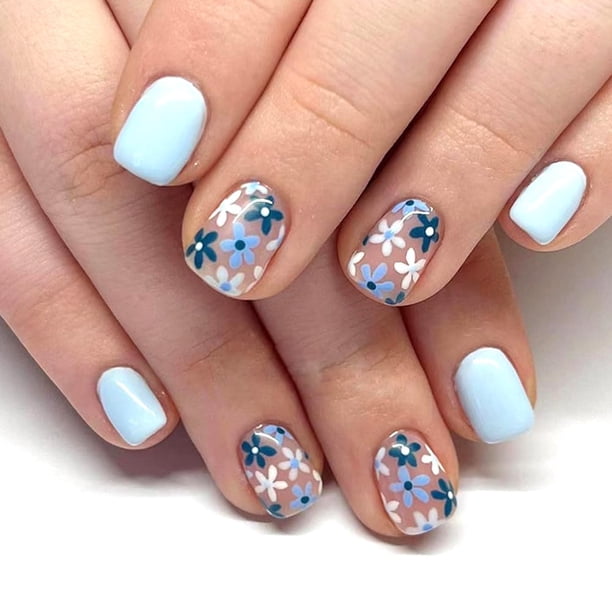 Uñas postizas adhesivas WAFOLOZE cortas, brillantes, azules con flores, 24 piezas
