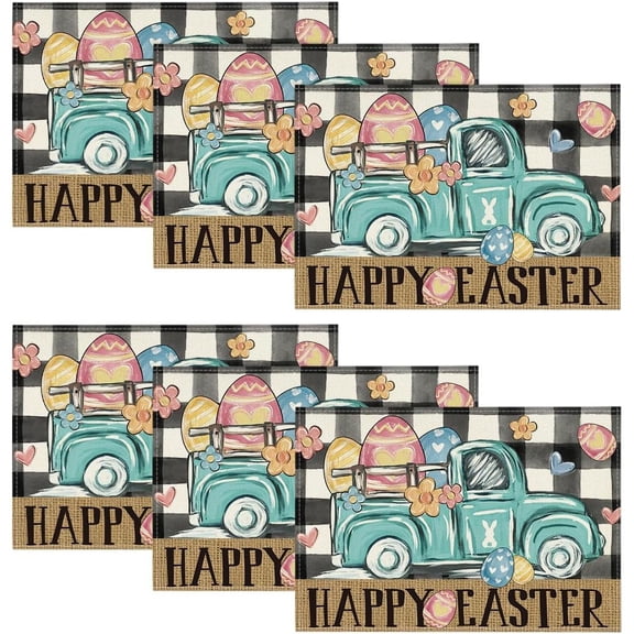Buffalo Plaid Carrot Egg Truck Daisy Happy Easter Placemats Set of 4, 12x18 Inch Seasonal Spring Table Mats for Party Kitchen Dining Decoration
