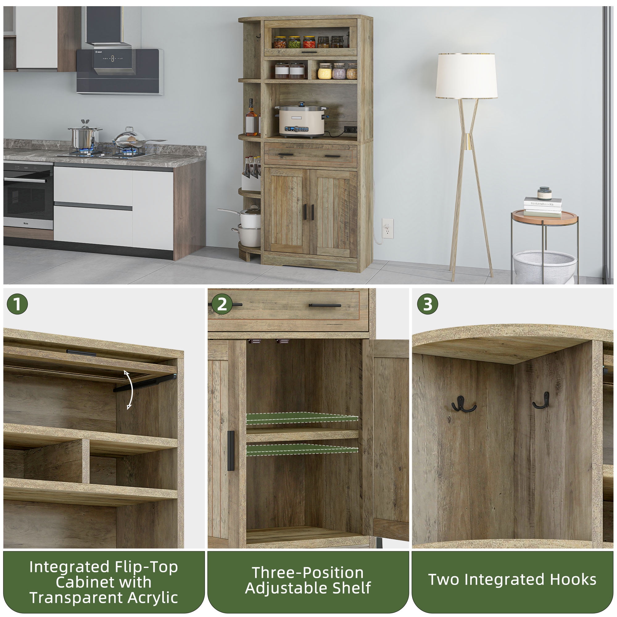 Uforic 67"H Pantry Storage Cabinet with Power Outlets, Kitchen Cabinet with Doors & Drawer, Ash Gray