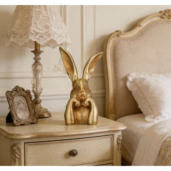 2026 New Easter Gold Bunny Statue 8 Inch Vintage Gold Rabbit Figurines Decorative Bunny Sculpture Collectibles Gift for Home Indoor Decor