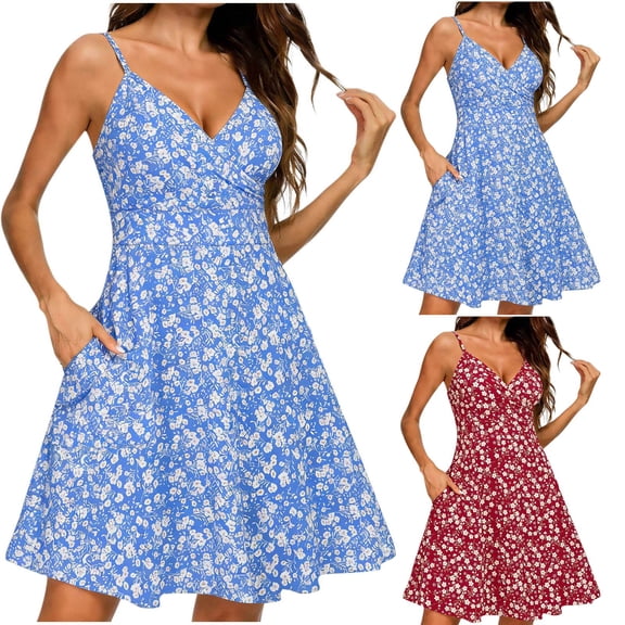 VBVC Women's Spaghetti Strap V-Neck Floral Dress , Summer Casual Dresses For Women,Ladies' Wrap Waist A Line Mini Dress with Pockets,Blue,S-2XL