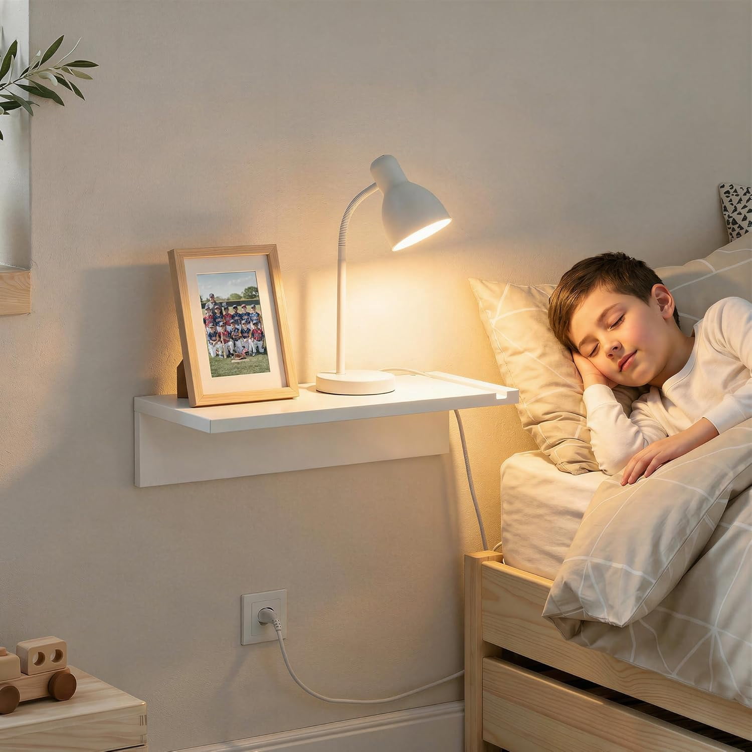 16" White Floating Nightstand, Modern Solid Pine Wood Wall Mounted Bedside Table with Phone Slot, Cord Management, Floating Shelves for Bedroom Dorm