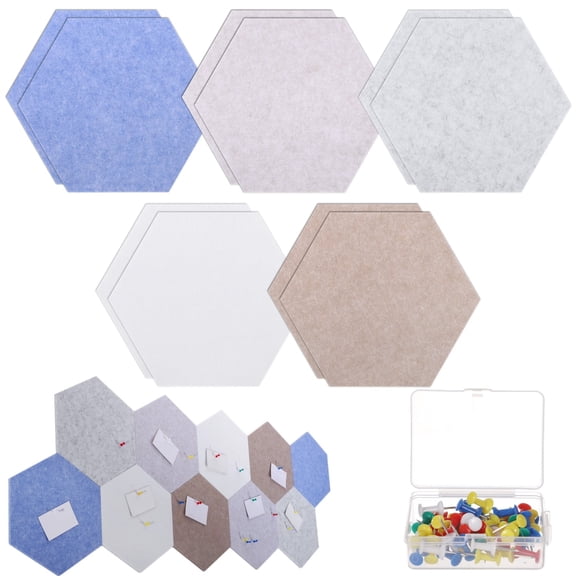 10 Pcs Hexagon Cork Board Tiles, Self-Adhesive Wall Decor for Photos, Office, and Home, Includes 30 Colorful Push Pins