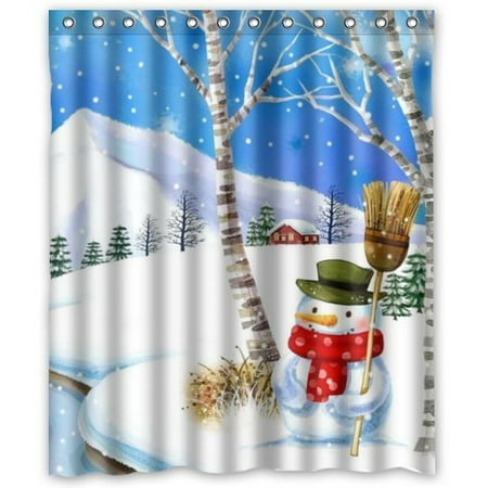 Greendecor Fabulous Merry Snowman Preparing For Cleaning Waterproof Shower Curtain Set With Hooks Bathroom Accessories Size 60x72 Inches