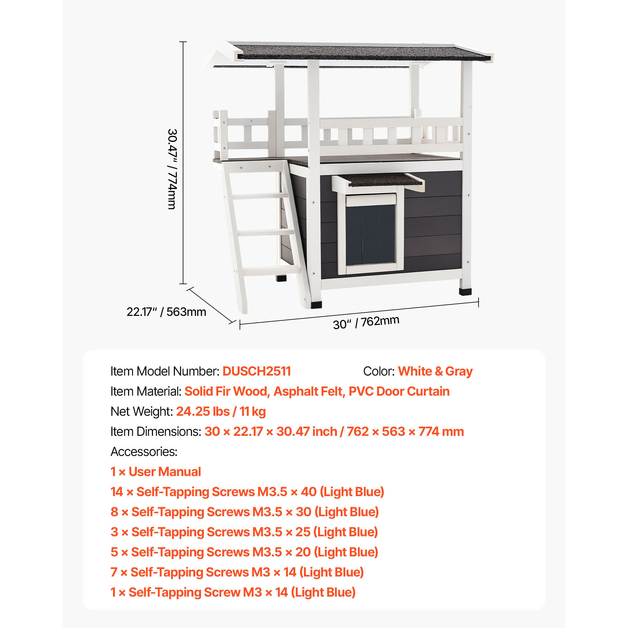 KFFKFF 2-Story Wooden Cat House with Stairs & Balcony, Elevated Shelter for Feral and Domestic Cats, Weather-Resistant Design, Spacious Interior, Suitable for Indoor and Outdoor Use, 30 x 22 x 30 in