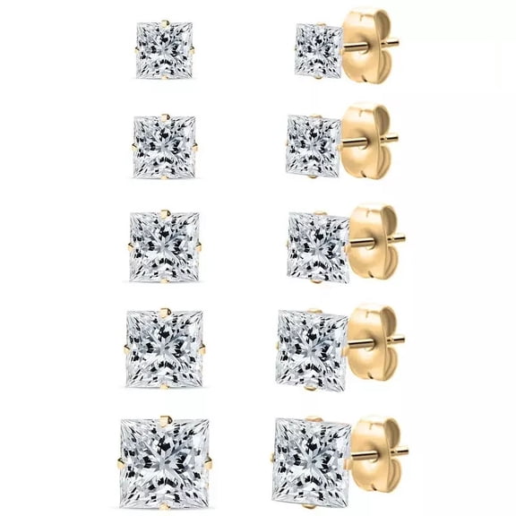 5 Pair 316L Surgical Steel Gold Plated CZ 4/5/6/7/8mm Solitaire Men Women Earring