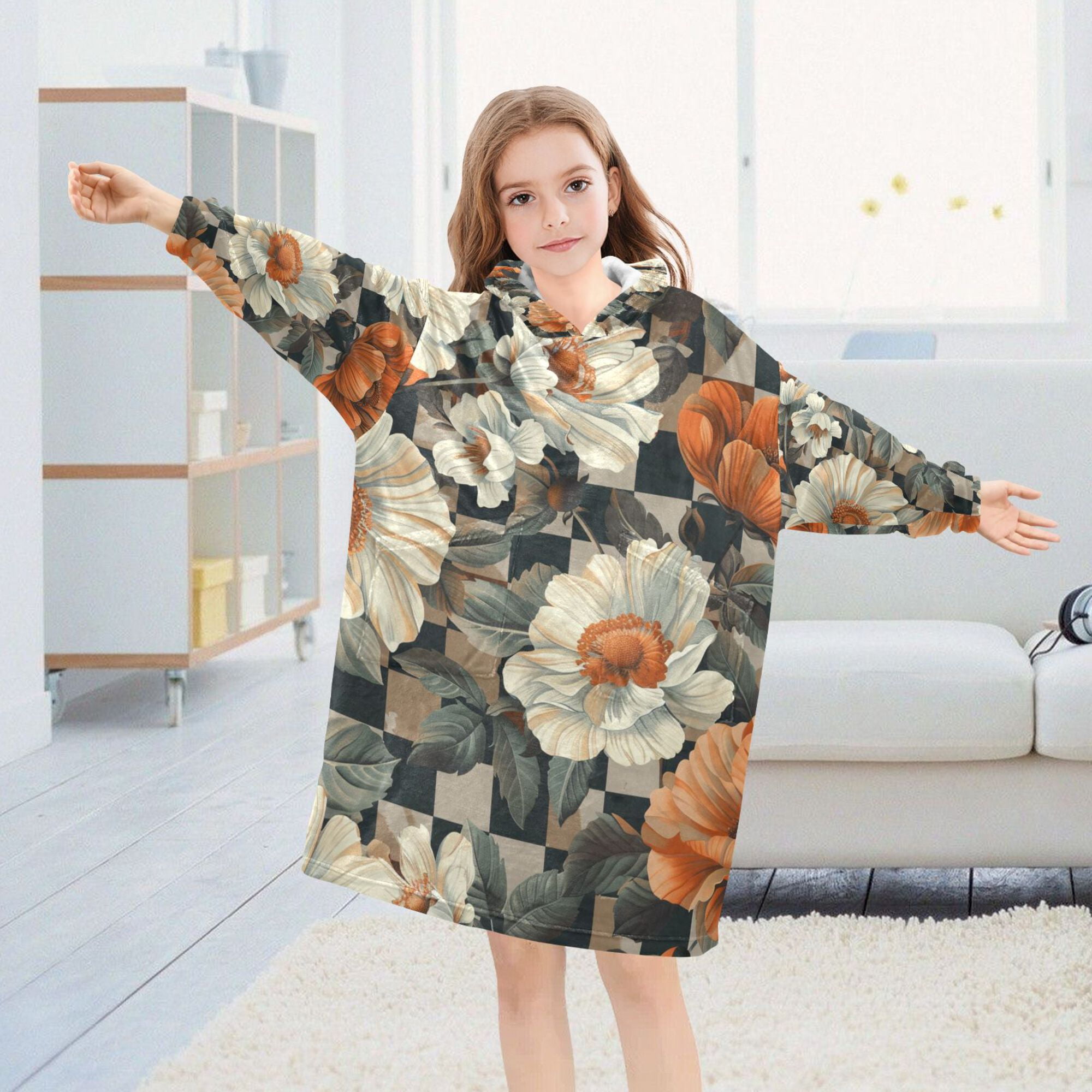 FORMRS Wearable Blanket Hoodie with Sleeves for Kids Cozy Flannel Sweatshirt, Gray Floral Pattern