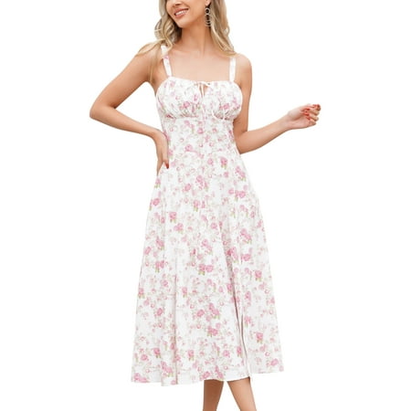 IBTOM CASTLE Women Floral Corset Dress Sleeveless Square Neck Spaghetti Straps Dress Boho Holiday Flowy Midi Bustier Sundress XL White + Pink Floral