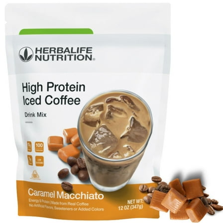 Herba life. Nutrition: High Protein Iced Coffee Drink Mix, Caramel Macchiato Flavor, Made from Real Coffee, No Artificial Flavor or Added Sweeteners (12 Oz) 343g