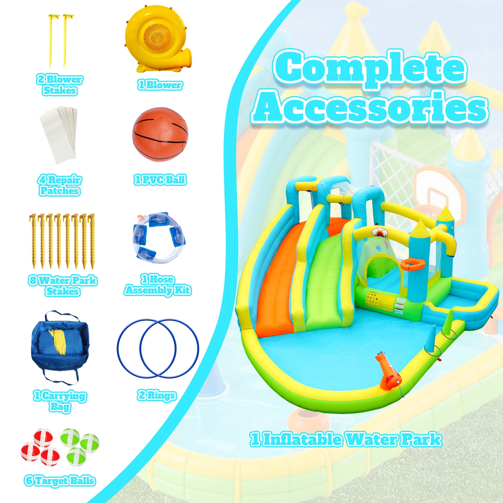 WELLFUNTIME Inflatable Water Slide for 5 Kids, Bounce House with Blower, Splashing Pool, Water Cannon, Water Park for Backyard Summer Fun