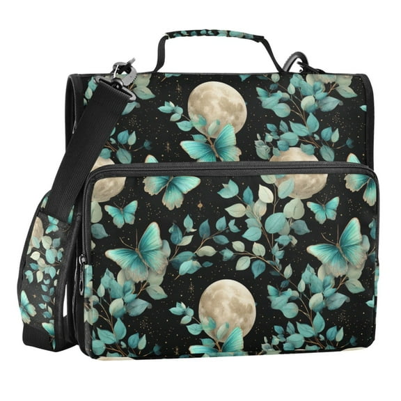 Zipper Binder Moon Emerald Butterfly 1.5 Inch Binder Folder Bag with Shoulder Strap and Handle
