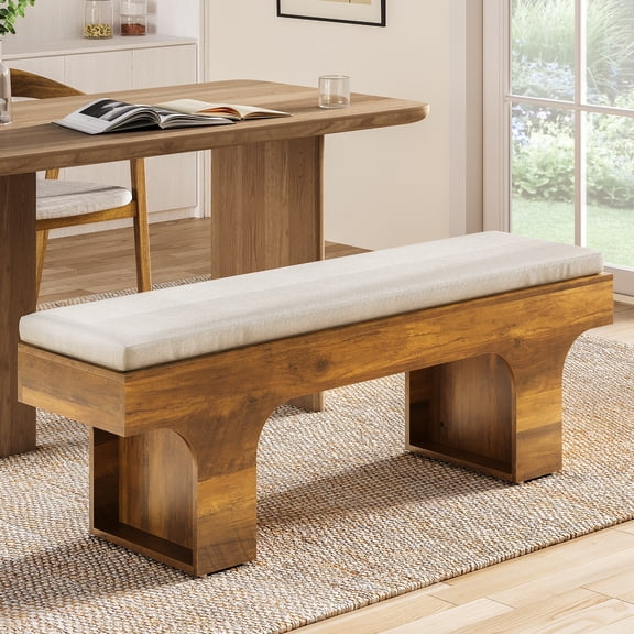 55.2" Upholstered Dining Bench with Linen Cushion, Farmhouse Entryway Bench for Bedroom, Hallway, Living Room & Kitchen, Sturdy Wooden Seating Bench