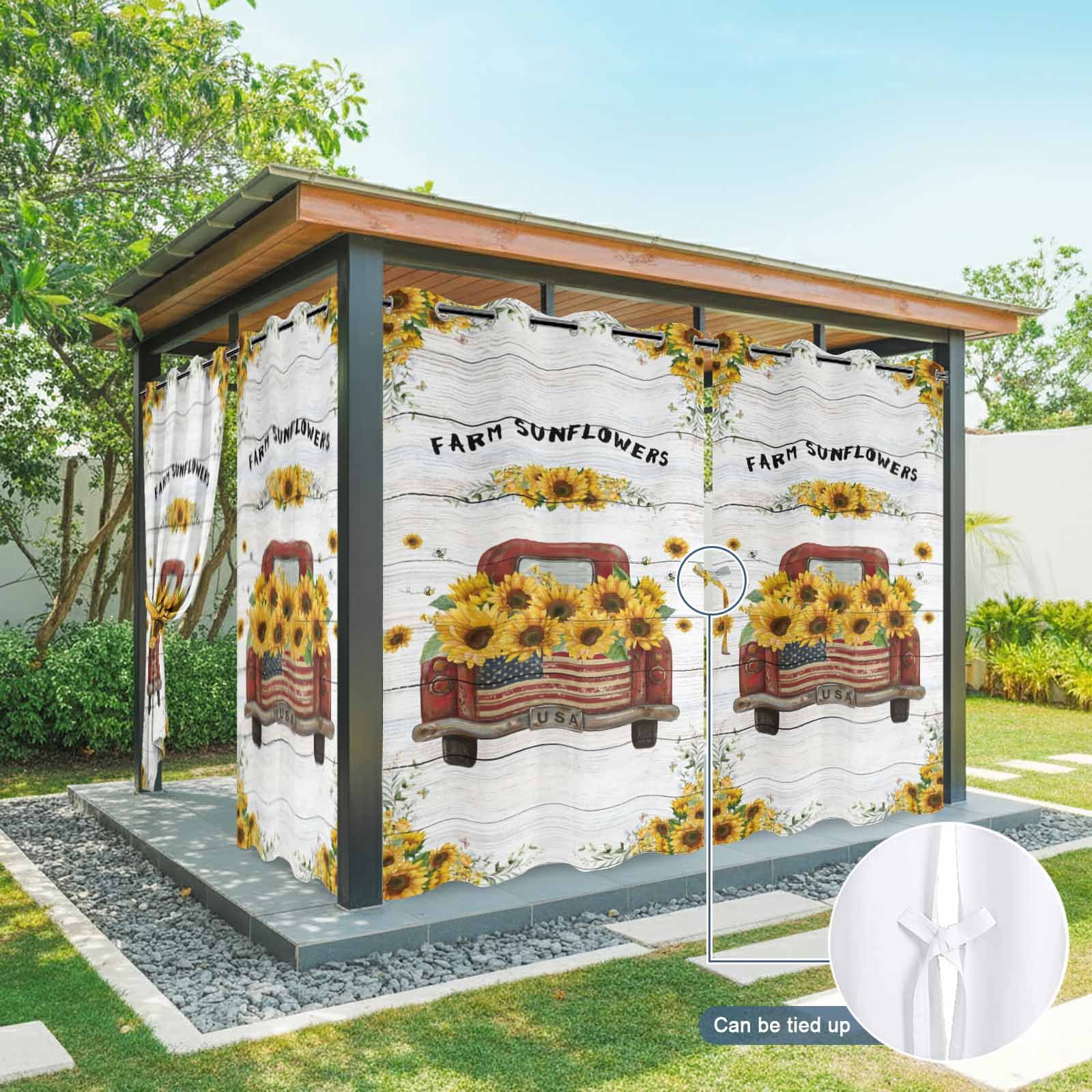 Outdoor Curtains for Patio Waterproof, Sunflower Truck Outdoor Privacy Panels Grommet, Summer Botanical Elegant Pastoral Floral Wooden Blackout Outside Curtains for Porch/Cabana 54"x108", 2 Panels