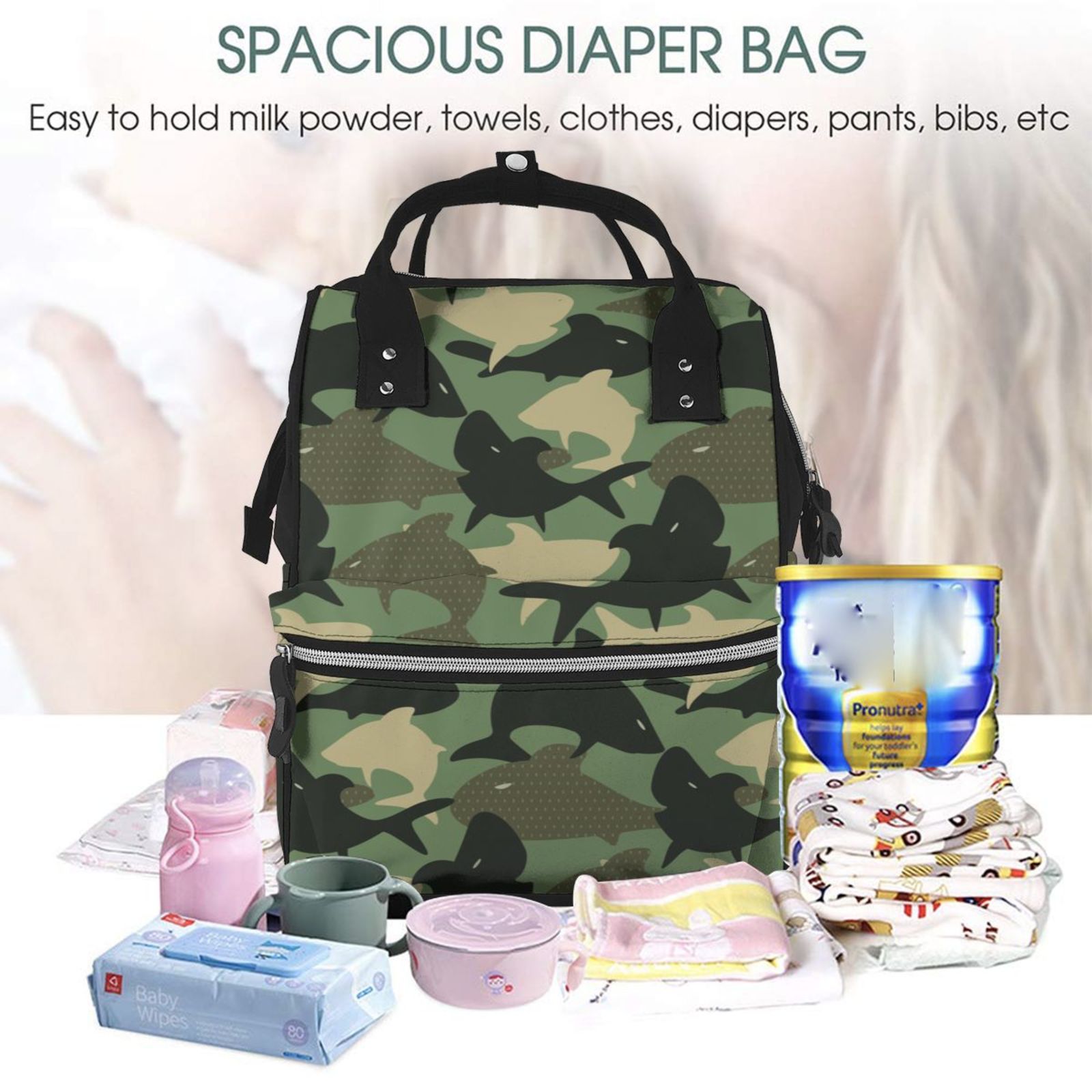 Fuzoiu Camouflage Shark Print Diaper Bag Backpack,Baby Essentials Travel Tote,Multi function Waterproof Diaper Bag, Travel Essentials Baby Bag - Unisex