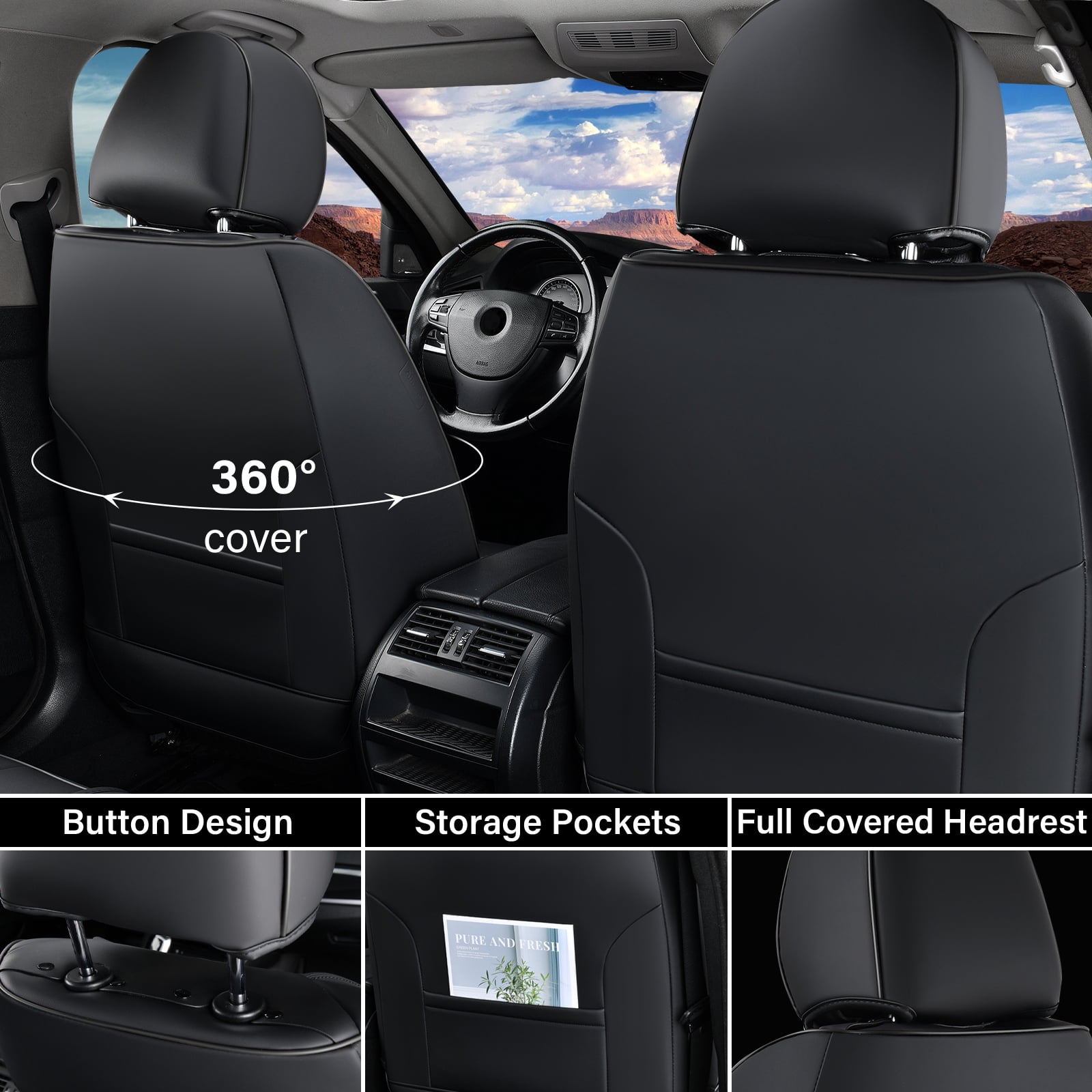 Coverado Car Seat Covers Full Set, Black Front and Rear Seat Protectors, Waterproof Faux Leather Universal Fit for Most Cars