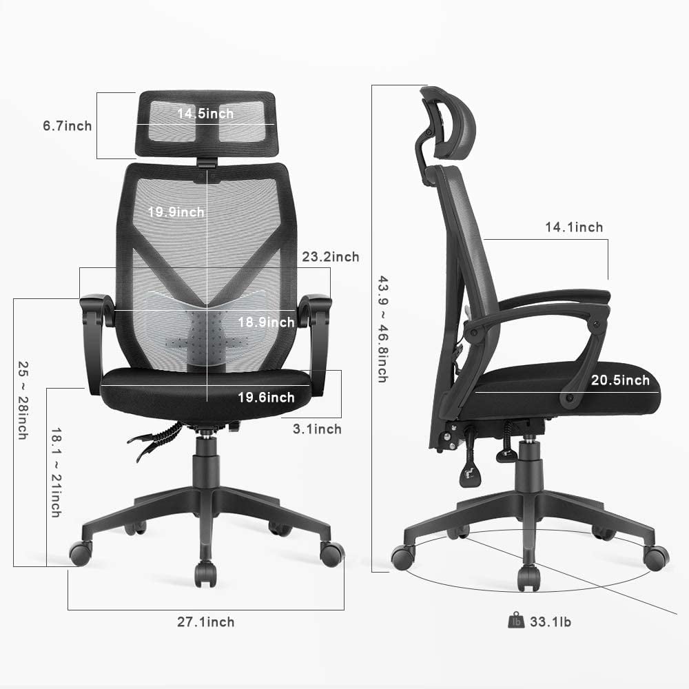 Dripex Ergonomic Office Chair, High Back Desk Chair, Computer Mesh Chair  with Lumbar Support, Adjustable Headrest & 2D Armrest, 90°-135°Tilt  Function