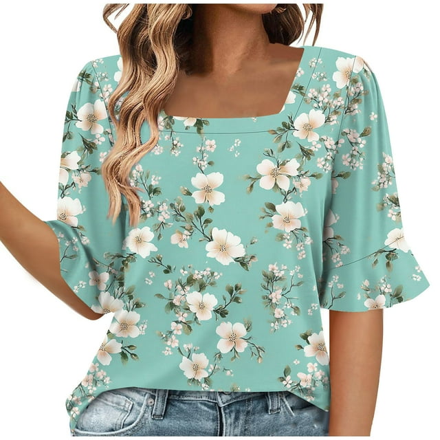 Pisexur Hauts de Sortie pour Femmes, Blouses Décontractées et Élégantes pour Femmes, Mode d'Été Imprimée à Manches Courtes et Col Rond, Multicolore, 2TG